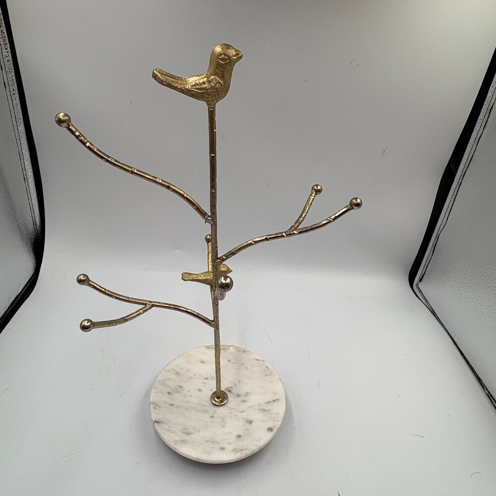 Gold Bird Tree Jewelry Stand White Marble Base Branch Necklace Holder India